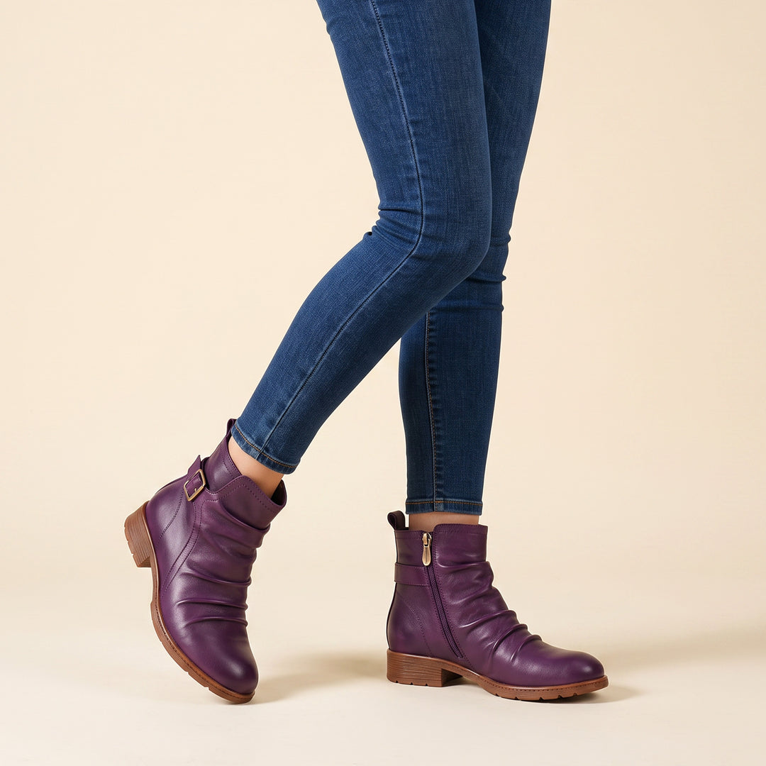 Casual Purple Ruched Leather Ankle Boots