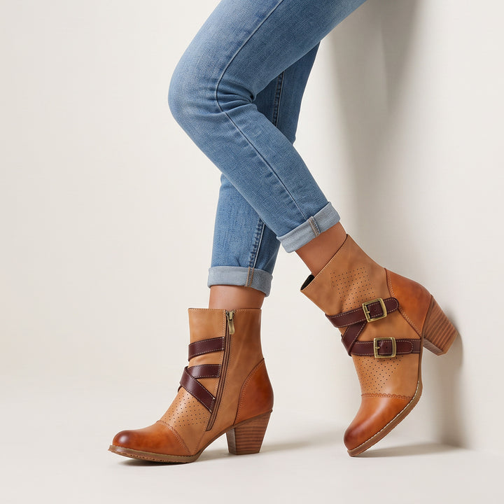 Braune Vintage-Stiefeletten mit Doppelschnalle