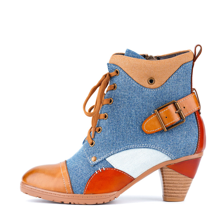 Zweifarbige Stiefeletten aus Denim und Leder