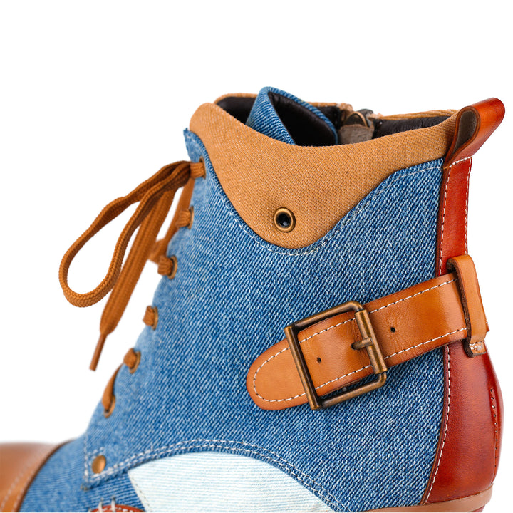 Zweifarbige Stiefeletten aus Denim und Leder