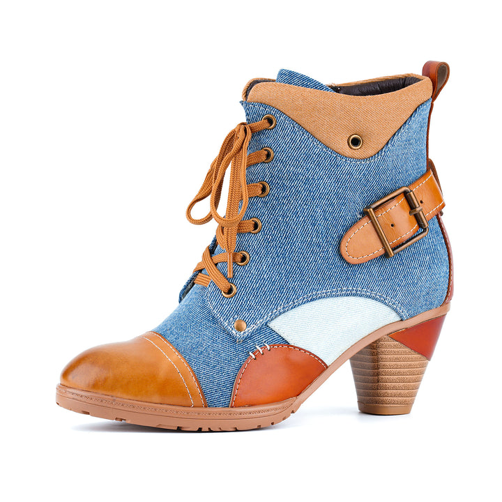 Zweifarbige Stiefeletten aus Denim und Leder