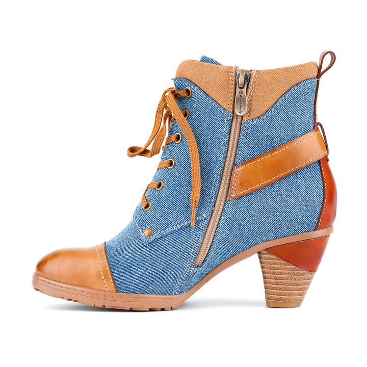 Zweifarbige Stiefeletten aus Denim und Leder