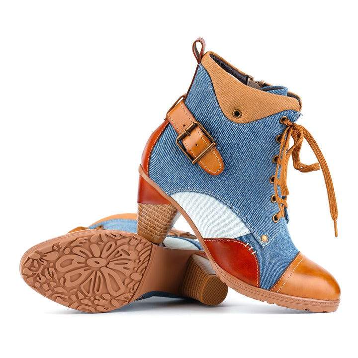 Zweifarbige Stiefeletten aus Denim und Leder