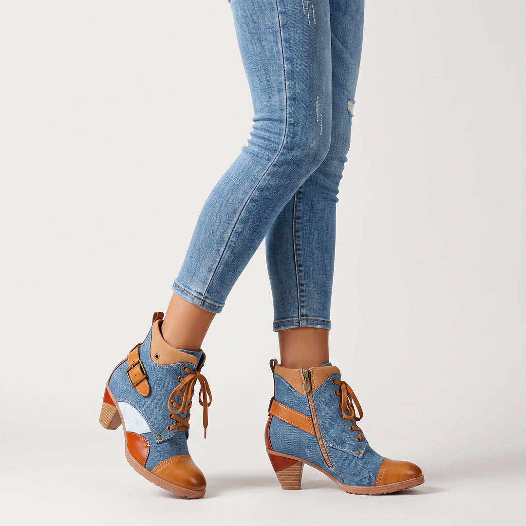 Zweifarbige Stiefeletten aus Denim und Leder