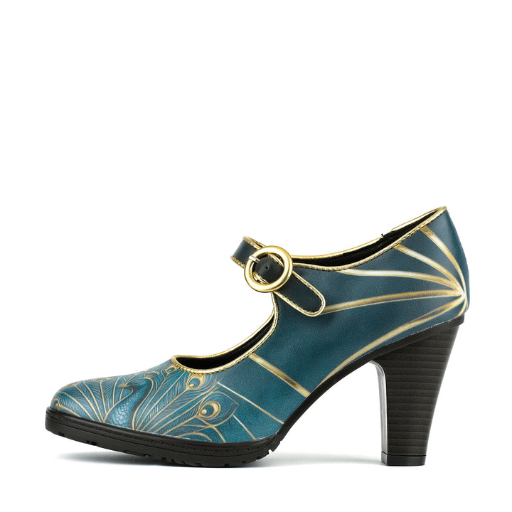 Peacock Gold-Edged Feather Mary Jane Pumps