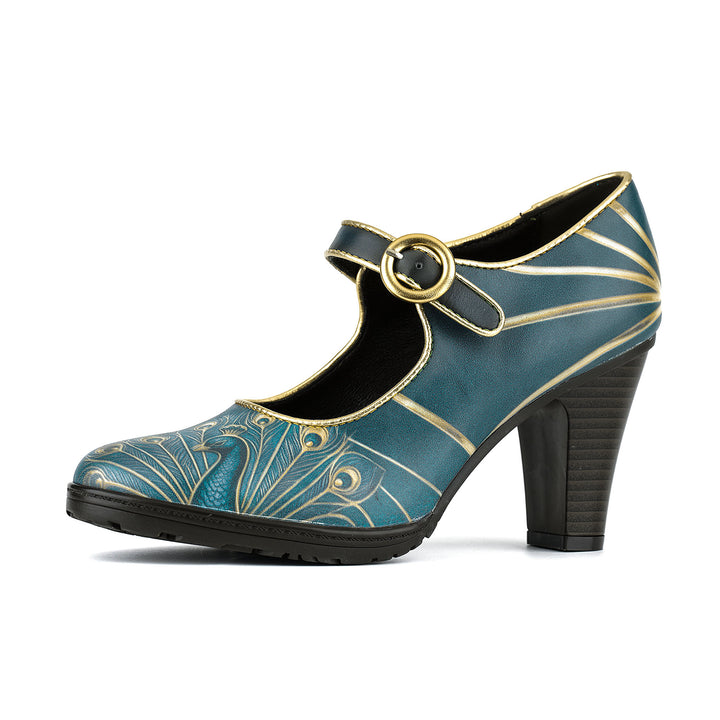 Peacock Gold-Edged Feather Mary Jane Pumps