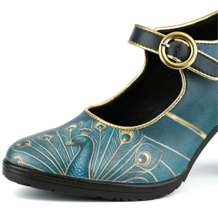 Peacock Gold-Edged Feather Mary Jane Pumps