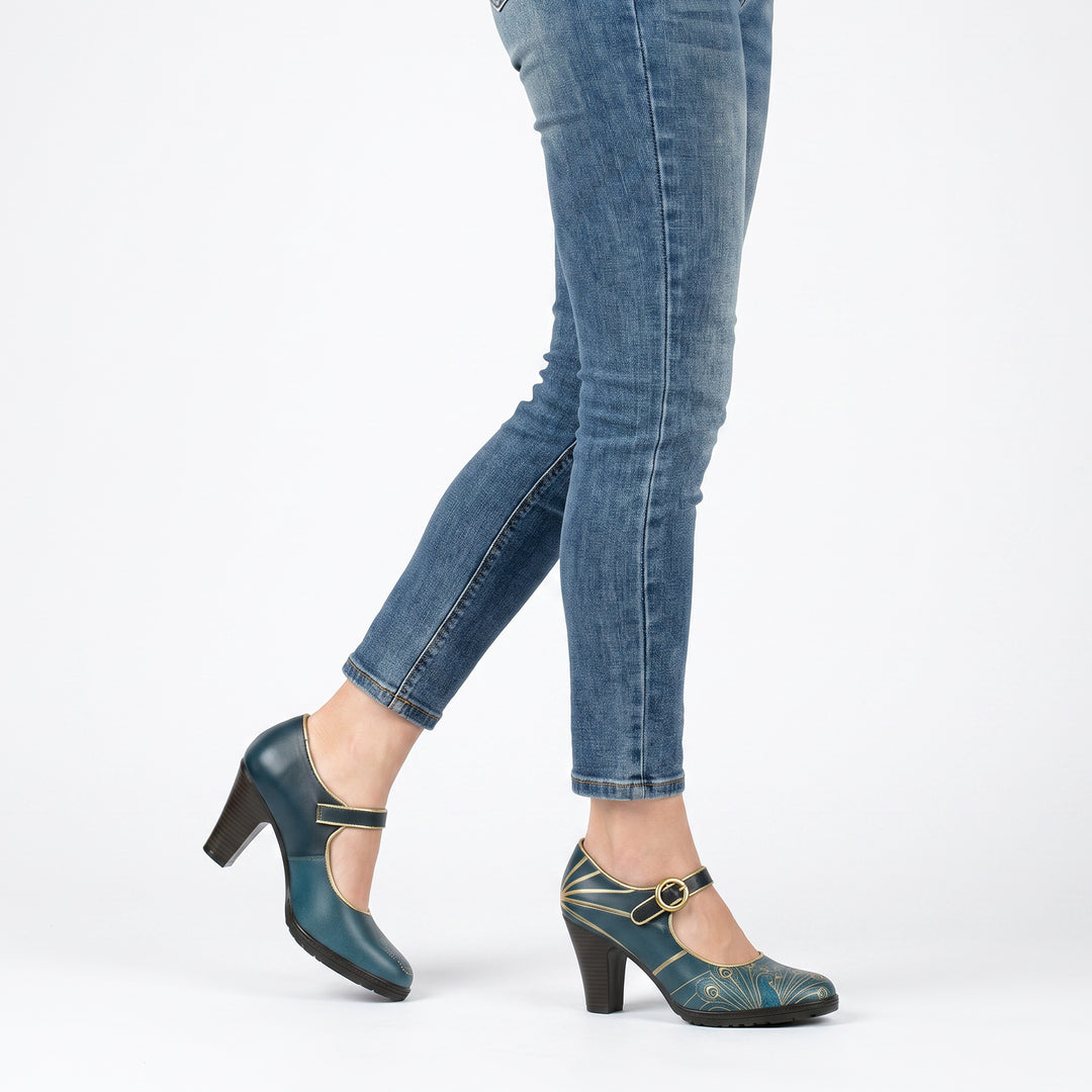 Peacock Gold-Edged Feather Mary Jane Pumps