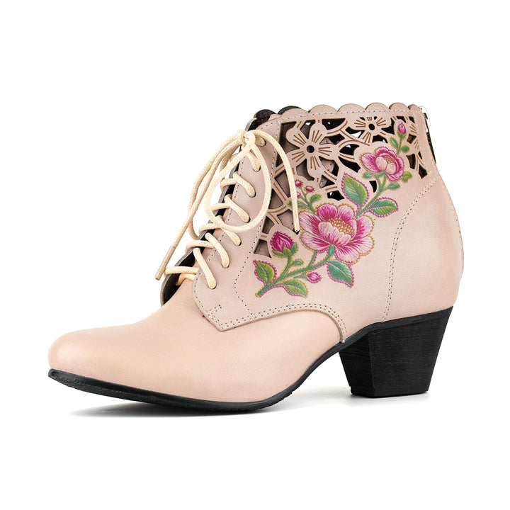 Embroidered Floral Cutout Ankle Boots