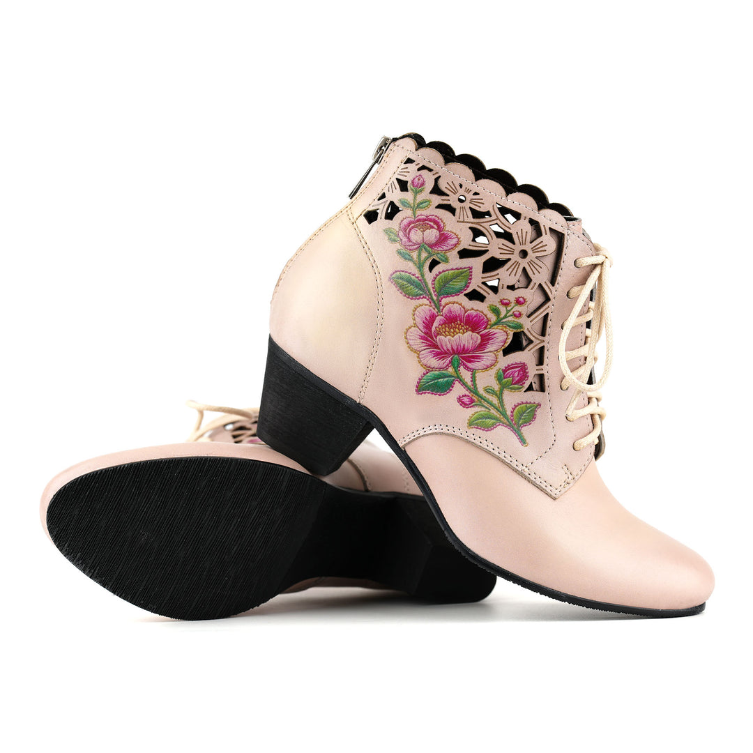 Embroidered Floral Cutout Ankle Boots
