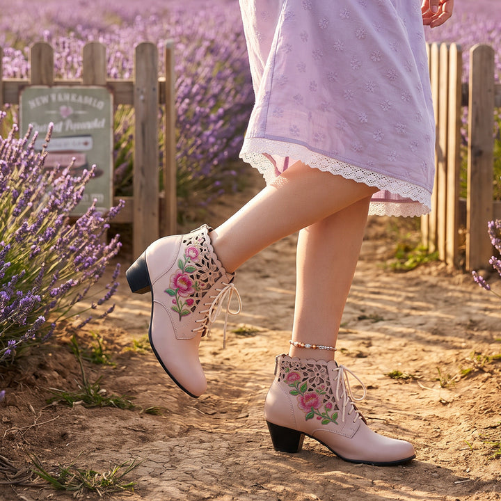 Embroidered Floral Cutout Ankle Boots
