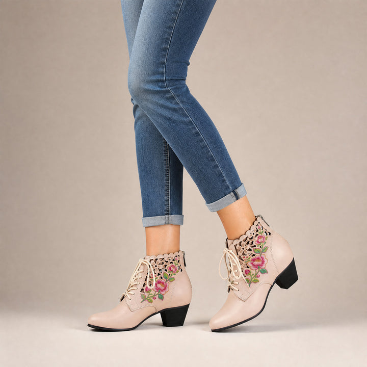 Embroidered Floral Cutout Ankle Boots