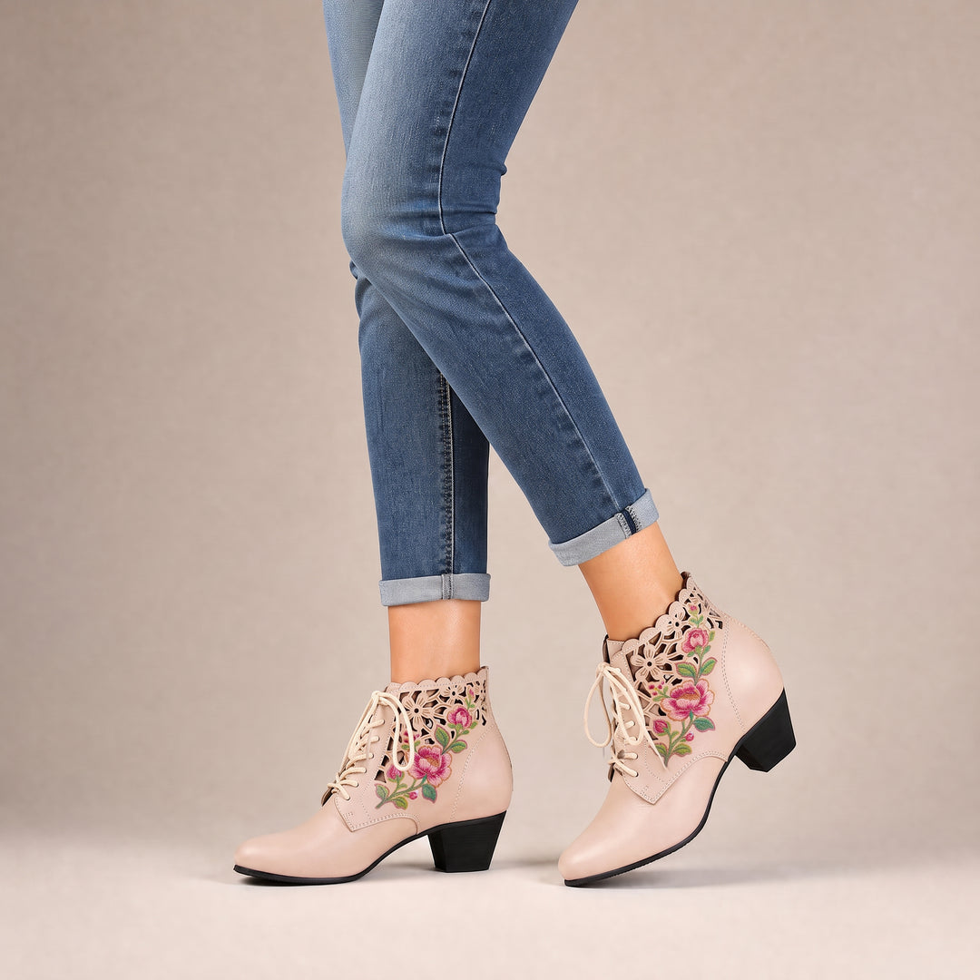 Embroidered Floral Cutout Ankle Boots