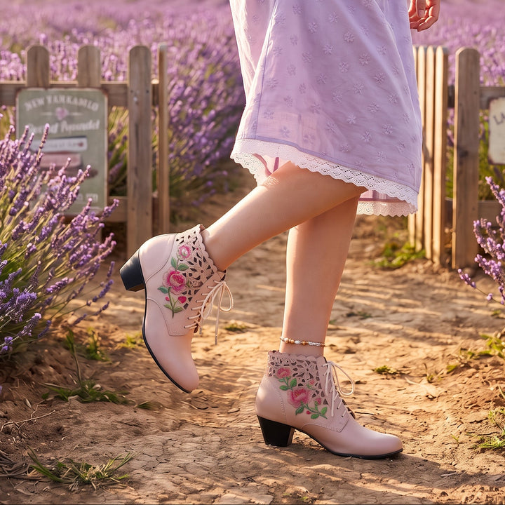 Embroidered Floral Cutout Ankle Boots