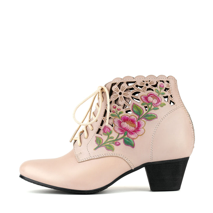 Embroidered Floral Cutout Ankle Boots
