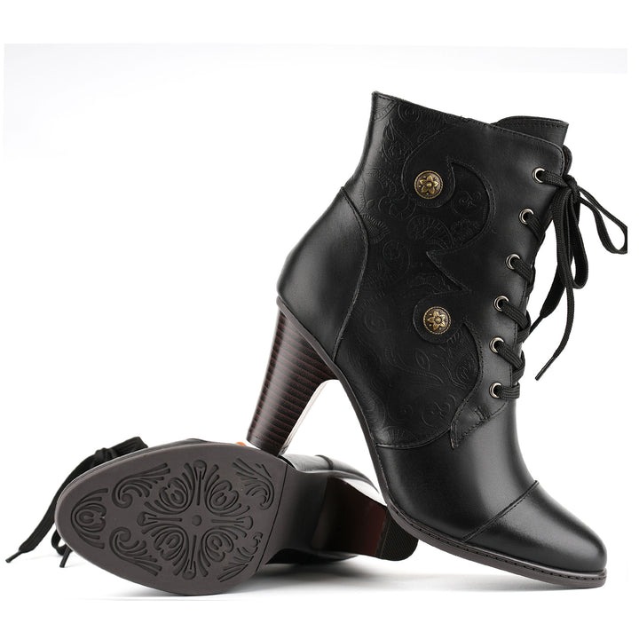 Black Embossed Lace-Up Leather Ankle Boots