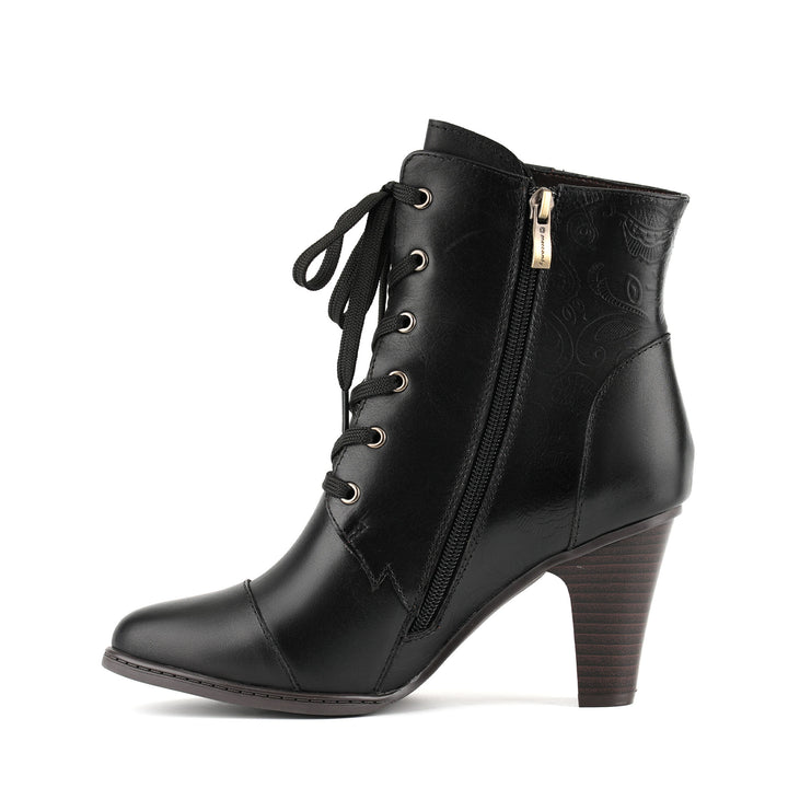 Black Embossed Lace-Up Leather Ankle Boots