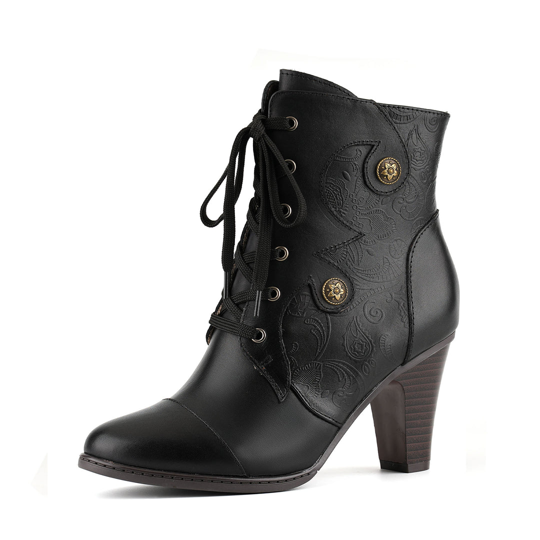 Black Embossed Lace-Up Leather Ankle Boots