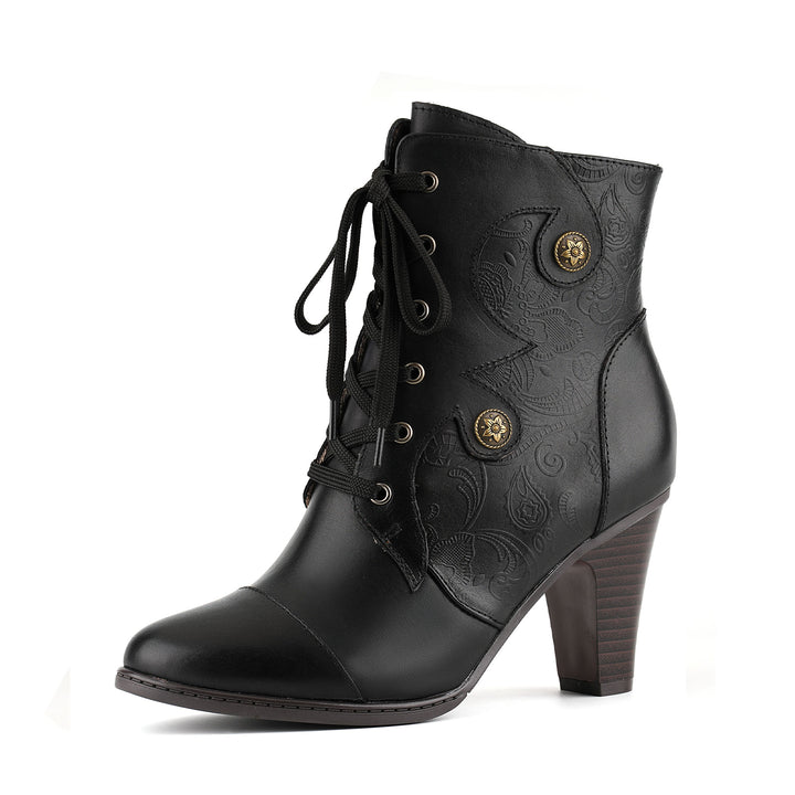 Black Embossed Lace-Up Leather Ankle Boots