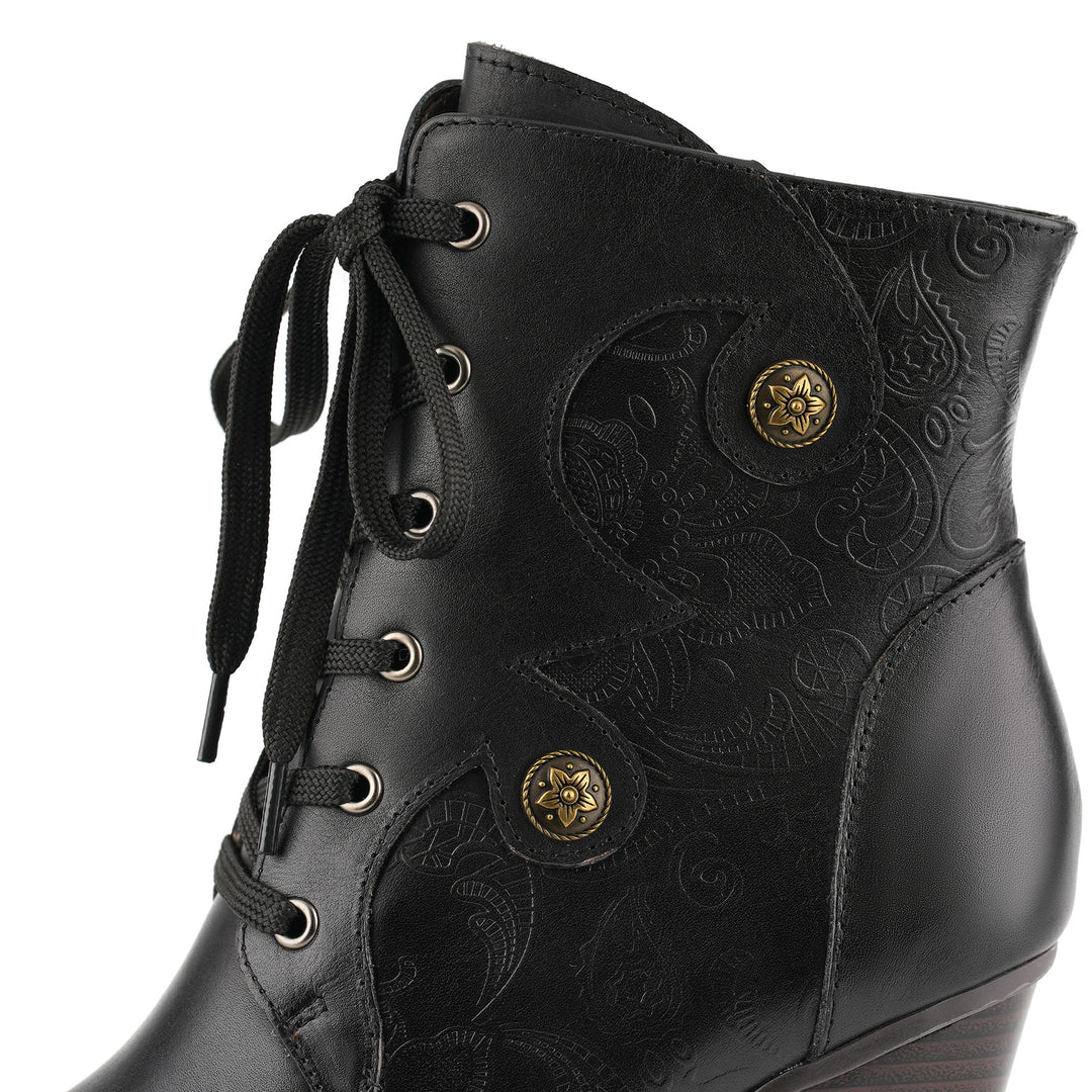 Black Embossed Lace-Up Leather Ankle Boots