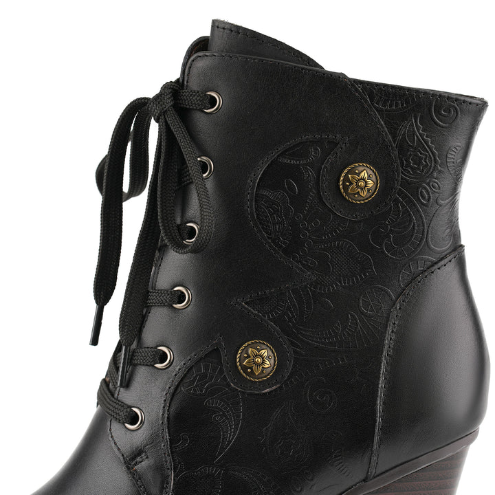 Black Embossed Lace-Up Leather Ankle Boots