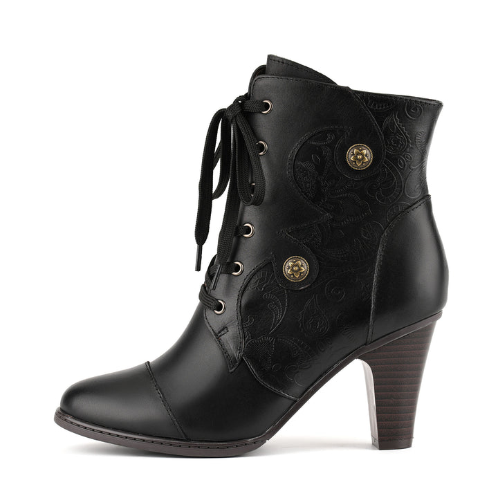 Black Embossed Lace-Up Leather Ankle Boots