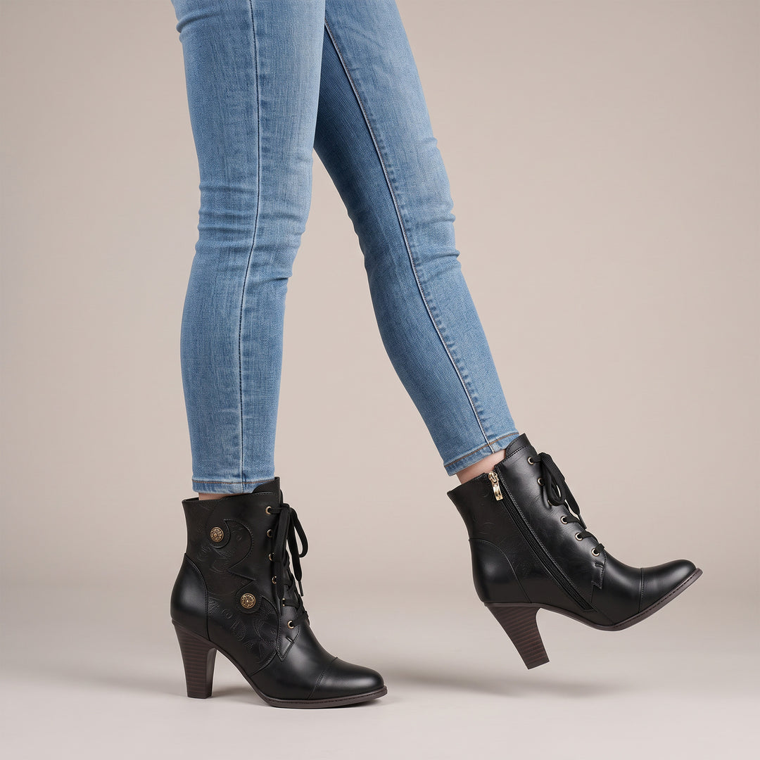 Black Embossed Lace-Up Leather Ankle Boots