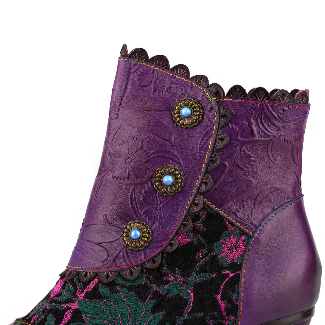 Vintage Floral Embossed Scalloped Trim Ankle Boots
