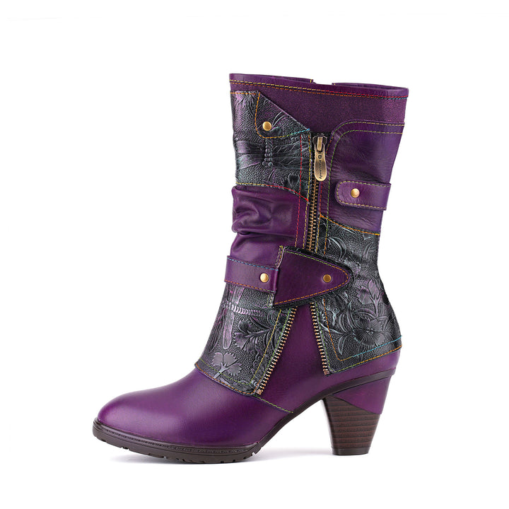 Amethyst Floral Embossed Leather Mid-Calf Boots