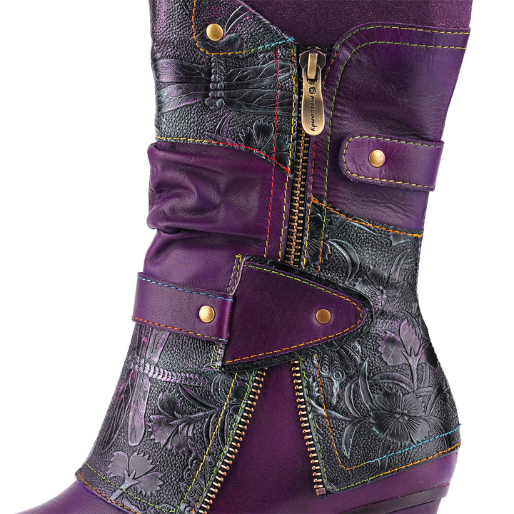 Amethyst Floral Embossed Leather Mid-Calf Boots