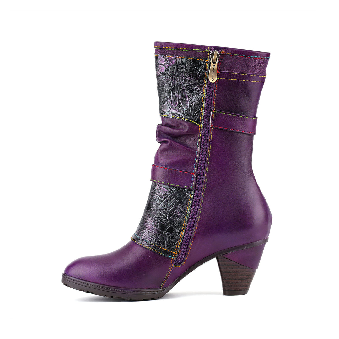 Amethyst Floral Embossed Leather Mid-Calf Boots