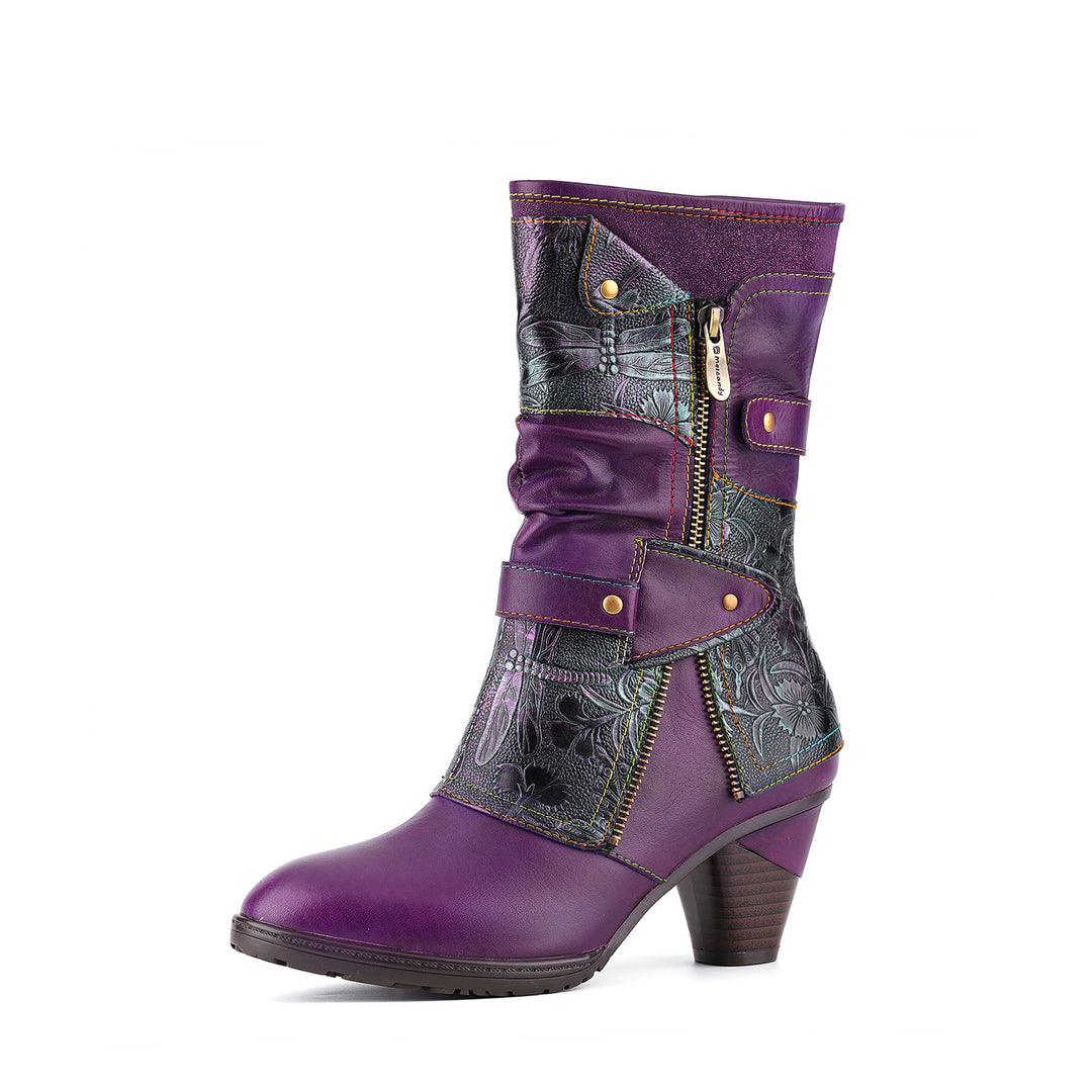 Amethyst Floral Embossed Leather Mid-Calf Boots