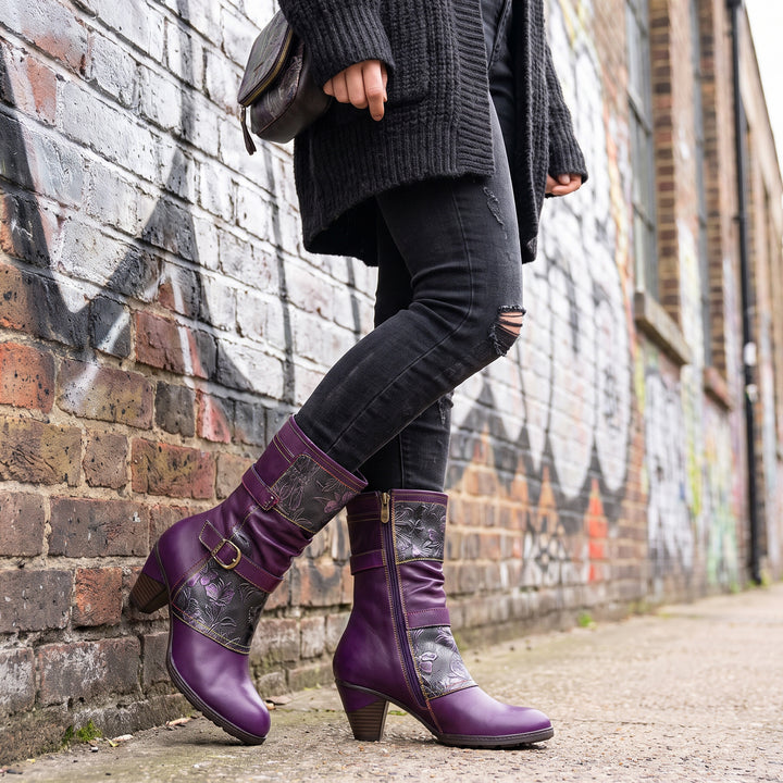 Amethyst Floral Embossed Leather Mid-Calf Boots