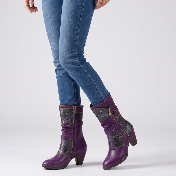 Amethyst Floral Embossed Leather Mid-Calf Boots