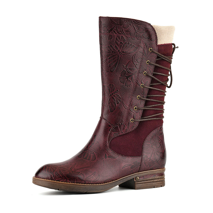 Vintage Burgundy Embossed Mid-Calf Boots