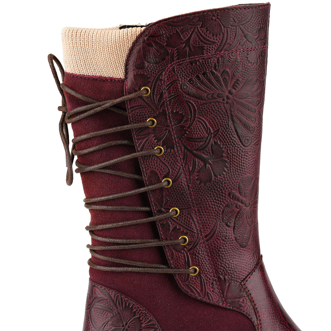 Vintage Burgundy Embossed Mid-Calf Boots