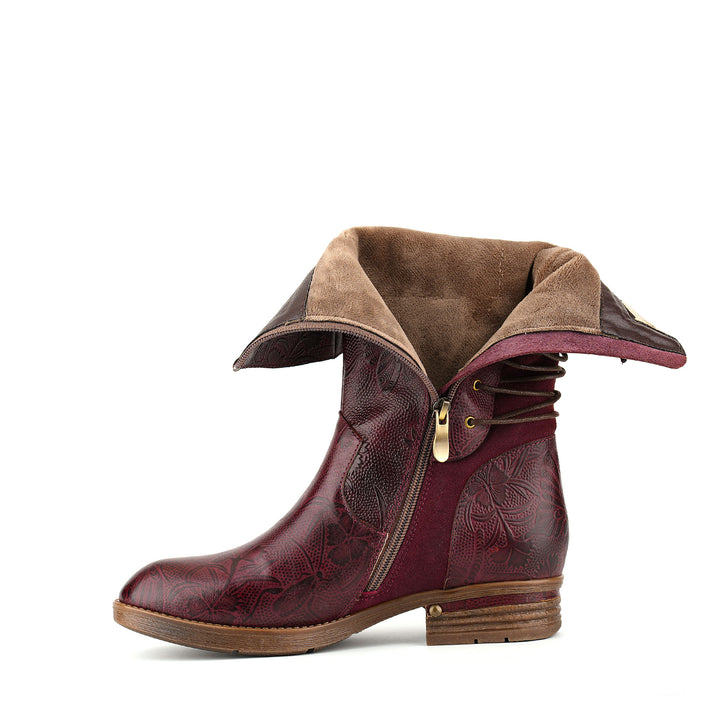 Vintage Burgundy Embossed Mid-Calf Boots