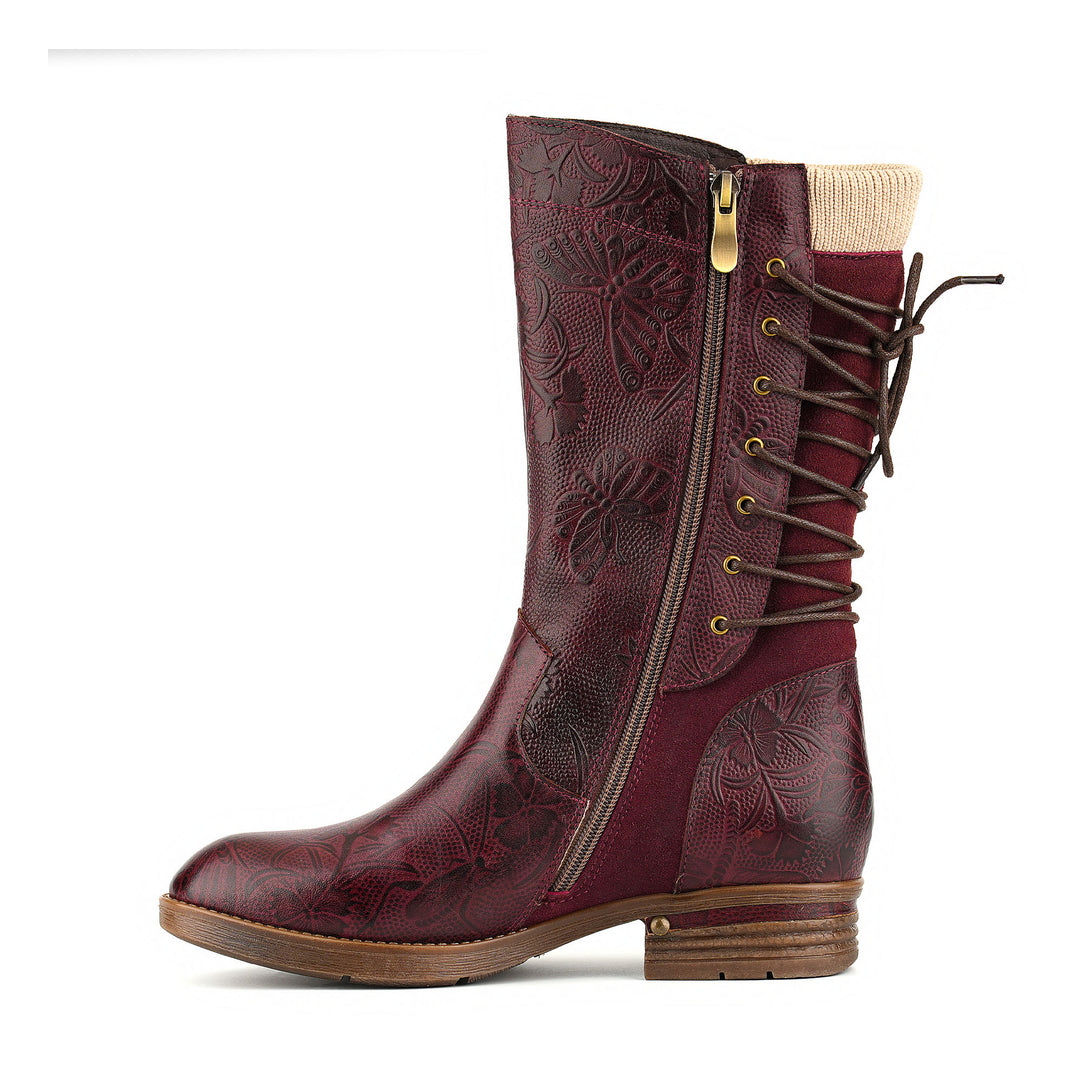 Vintage Burgundy Embossed Mid-Calf Boots
