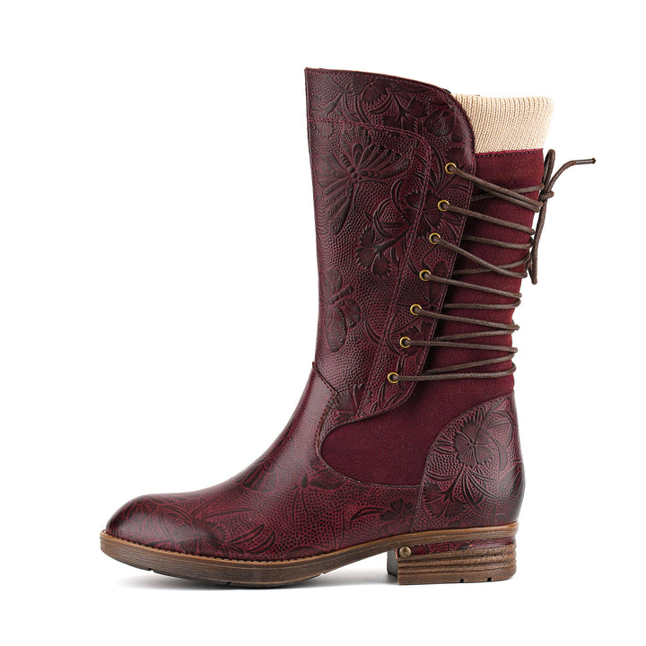 Vintage Burgundy Embossed Mid-Calf Boots