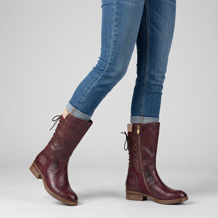 Vintage Burgundy Embossed Mid-Calf Boots