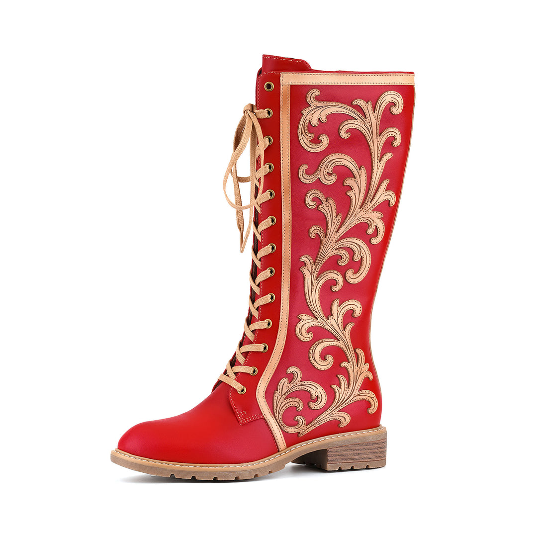 Crimson Lace-Up Baroque Boots
