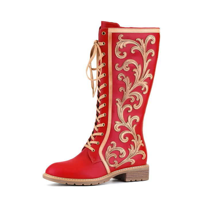 Crimson Lace-Up Baroque Boots