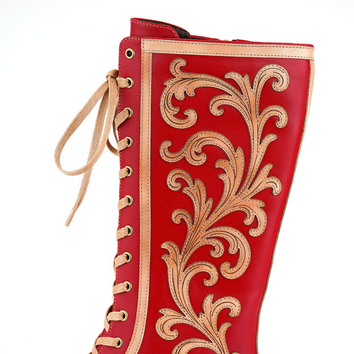 Crimson Lace-Up Baroque Boots