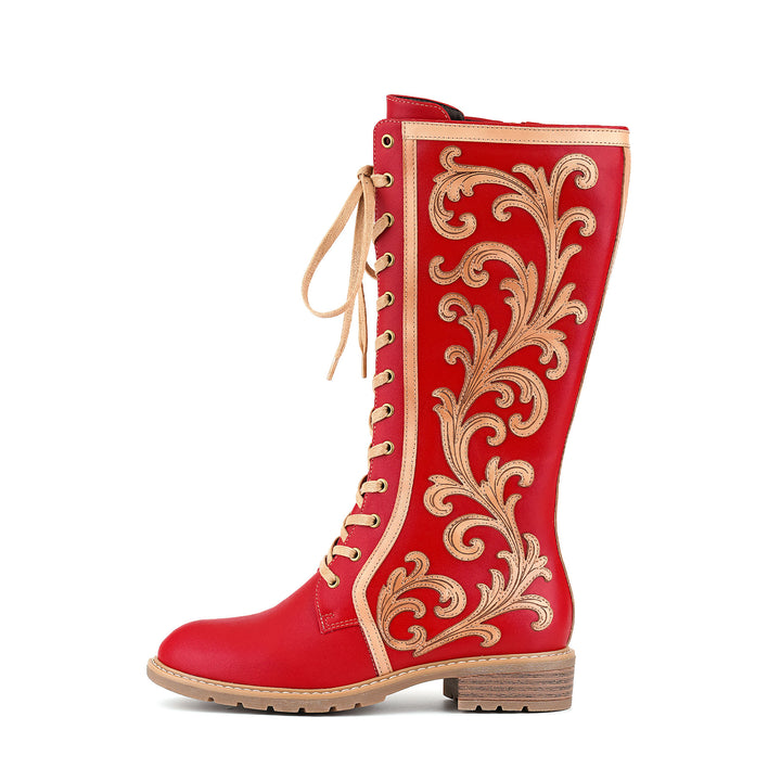 Crimson Lace-Up Baroque Boots