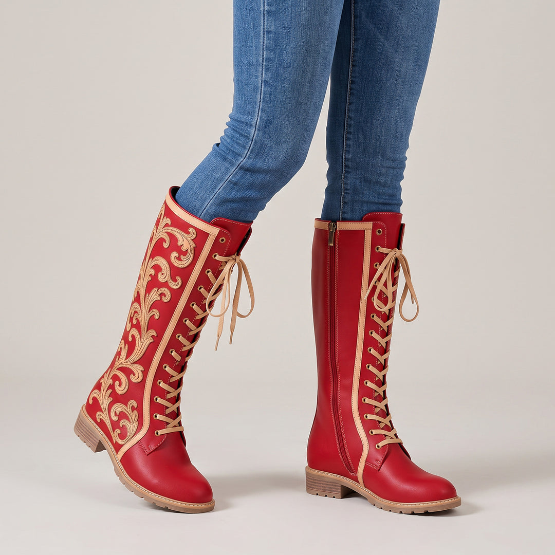 Crimson Lace-Up Baroque Boots