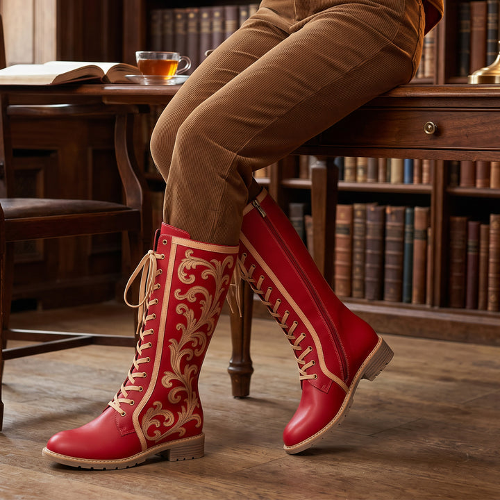 Crimson Lace-Up Baroque Boots