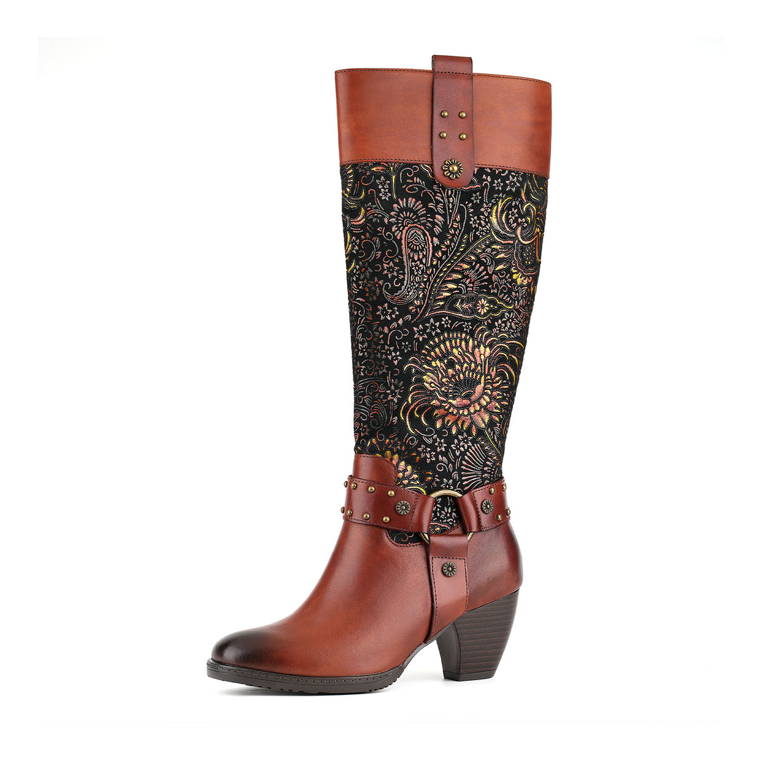 Botas de cuero con hebilla de terciopelo floral vintage
