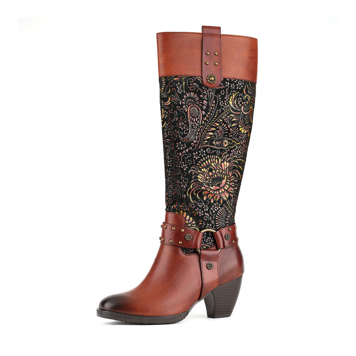 Botas de cuero con hebilla de terciopelo floral vintage