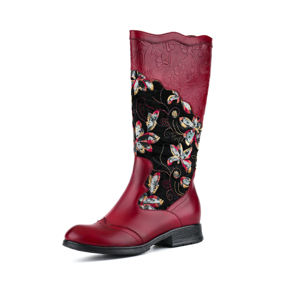 Botas planas de piel de terciopelo bordadas