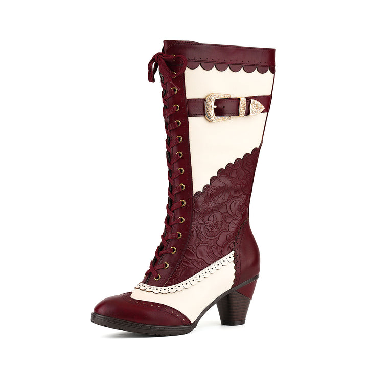 Weinrote und elfenbeinfarbene viktorianische Stiefel